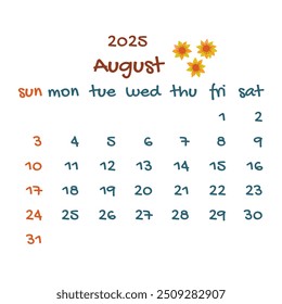 2025 august calendar with three sunflowers. Colorful modern calendar, monthly planner. Vector hand drawn illustration. Modern simple design. Summer month