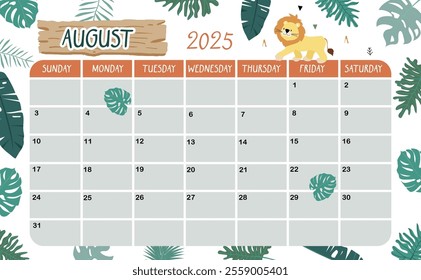 2025 August calendar week start on Sunday with safari style for horizonral printable design