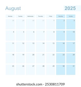 2025 Agosto planificador de pared en color pastel azul, la semana comienza el lunes. Calendario para Agosto 2025 con cuadrado azul y con día del mes anterior y siguiente.