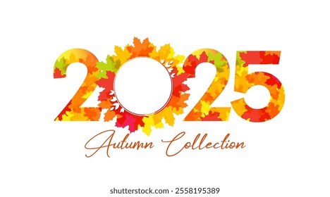 2025 Autumn Collection special offer with yellow and orange leaves. Lettering fashion concept for Fall season sale promotion banner with colored foliage and numbers. Vector illustration