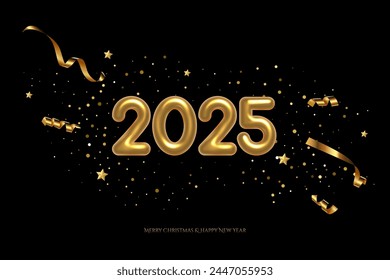 2025 balloon numbers on New Year greeting card vector template. Festive Christmas social media banner design with congratulations. Golden numbers with confetti illustration on black background.