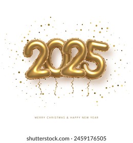 2025 balloon numbers on New Year greeting card vector template. Festive Christmas social media banner design with congratulations. Golden numbers with confetti illustration on black background.