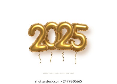 2025 balloon numbers on New Year greeting card vector template. Festive Christmas social media banner design with congratulations. Golden numbers with confetti illustration on black background.