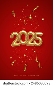 2025 balloon numbers on New Year greeting card vector template. Festive Christmas social media banner design with congratulations. Golden numbers with confetti illustration on red vertical background.