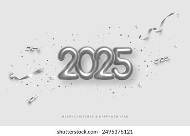 2025 balloon numbers on New Year greeting card vector template. Festive Christmas social media banner design with congratulations. Silver numbers with confetti illustration on white background.