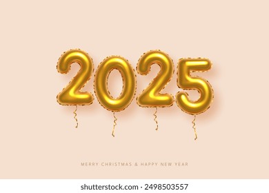 2025 balloon numbers on New Year greeting card vector template. Festive Christmas social media banner design with congratulations. Golden numbers with confetti illustration on beige background.