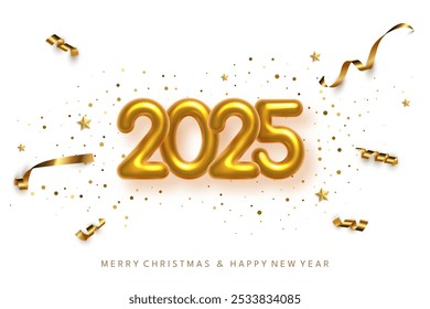 2025 balloon numbers on New Year greeting card vector template. Festive Christmas social media banner design with congratulations. Golden numbers with confetti illustration on white background.