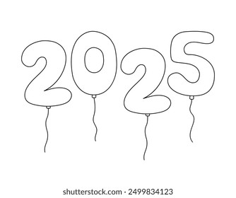 2025 números de globos garabatos. Esquema de globos de helio sobre fondo blanco. Ilustración vectorial en blanco y negro. 2025 números divertido diseño simple dibujado a mano.