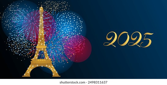 2025 - Anuncio para celebrar el Nuevo Año en un ambiente de fiesta nocturna parisino con una Torre Eiffel brillante con mil luces frente a un espectáculo de fuegos artificiales en colores rojo y azul.