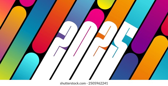 2025 - Banner or greeting card with modern graphics where the white figures of the new year are superimposed on a background at an angle with fluorescent gradient effects.