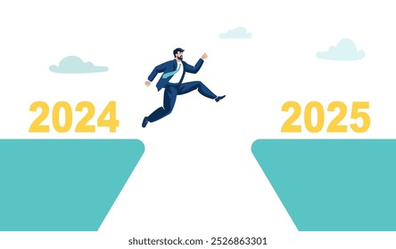 2025 banner. Happy New Year. Male businessman jumps from the cliff 2024 into the new year 2025 over the abyss. Symbol of the new year 2025. Flying over the abyss, business, people. Vector illustration