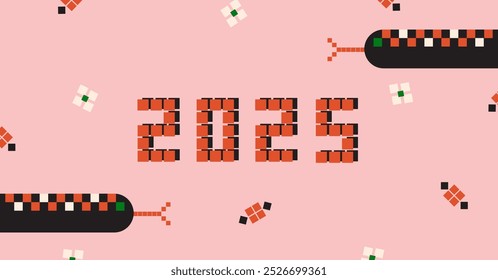 2025 banner with snakes. Chinese New year pixelated design concept. Horizontal background for New Year's Eve celebration. 