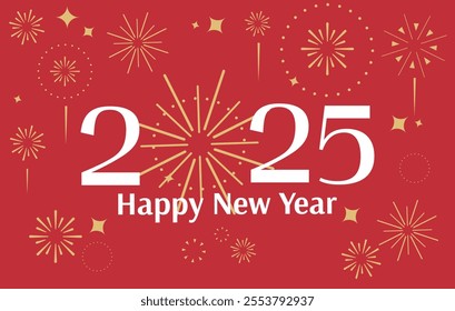 2025 banner. White number and golden fireworks on the red background. New Year greeting template.