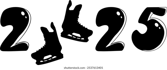 2025 Silhueta preta dos números 2025 e dois patins de hóquei no gelo. Números do ano novo. Estilo plano. Clipart. Ilustração vetorial. 