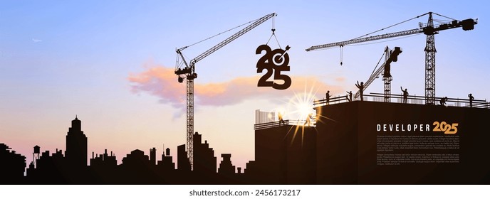 2025 Black silhouette of staff works as a team to prepare to welcome the New Year 2025. Business in the New Year 2025. Silhouette of construction worker with crane. Developer Vector illustration.