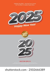 2025 diseño 3D de Vector de estilo blanco y negro con efecto de texto editable