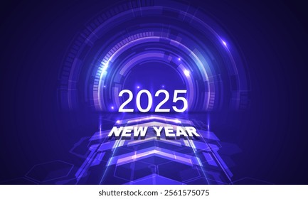 2025 with Blue circuit board background with neon light text and symbols illustration for new technology concept design
