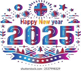 2025 blue pink and red firework on New Year white background with fireworks. Celebration New Year's Eve.  fireworks on dark night sky