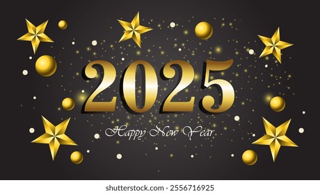 2025 in bold golden 3D style numbers surrounded by stars and glowing spheres on a dark background with Happy New Year below in white creating a festive vibe






