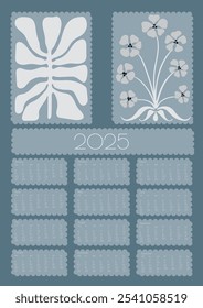 2025 Botanical Flower Doodles Vector Calendar. Abstract Summer Wall Planner. Modern Cartoon Flowers and Leaves Agenda. Positive Daisy Art Deco Prints.