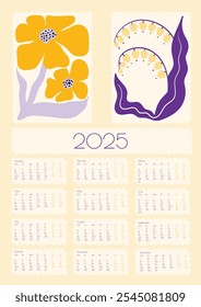 2025 Vector de Doodles de flores botánicas. Abstractas planificador de pared de verano. Flores de dibujos animados modernos y agenda de hojas. Positivo Daisy Art Deco Impresiones. 