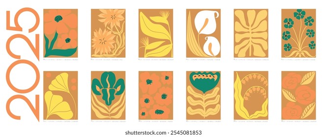 2025 Vector de Doodles de flores botánicas. Abstractas planificador de pared de verano. Flores de dibujos animados modernos y agenda de hojas. Positivo Daisy Art Deco Impresiones. 