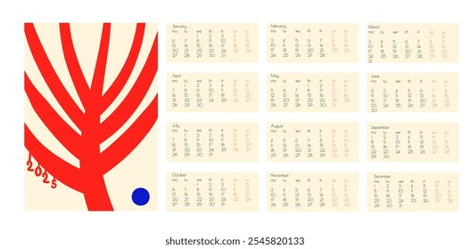 2025 Calendário Vetorial de Doodles de Flor Botânica. Bright Multicolor Positivo Daisy Art Deco Imprime Moderno Desenho Animado Flores e folhas Agenda. Planejador de Ano com Impressão Abstrata Planejador de Parede de Verão.