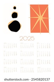 2025 Calendário Vetorial de Doodles de Flor Botânica. Planejador de Ano Laranja Vermelho com Impressão Abstrata Planejador de Parede de Verão Abstrato. Positivo Daisy Art Deco Imprime Moderno Desenho Animado Flores e folhas Agenda.