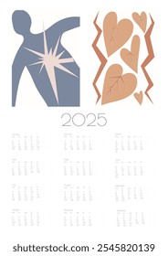 2025 Calendário Vetorial de Doodles de Flor Botânica. Brown Green Modern Cartoon Flores e folhas Agenda. Planejador de Ano com Impressão Abstrata Positiva Daisy Art Deco Imprime Planner Abstrata Parede de Verão.