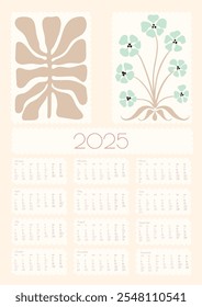 2025 Botanical Flower Doodles Vector Calendar.Year Planner con impresión Abstractas Planificador de pared de verano Abstractas. Positivo Daisy Art Deco imprime flores de dibujos animados modernos y hojas de agenda.