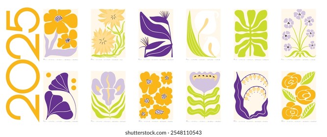 2025 Botanical Flower Doodles Vector Calendar.Year Planner con impresión Abstractas Planificador de pared de verano Abstractas. Positivo Daisy Art Deco imprime flores de dibujos animados modernos y hojas de agenda.