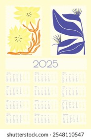 2025 Botanical Flower Doodles Vector Calendar.Year Planner con impresión Abstractas Planificador de pared de verano Abstractas. Positivo Daisy Art Deco imprime flores de dibujos animados modernos y hojas de agenda.