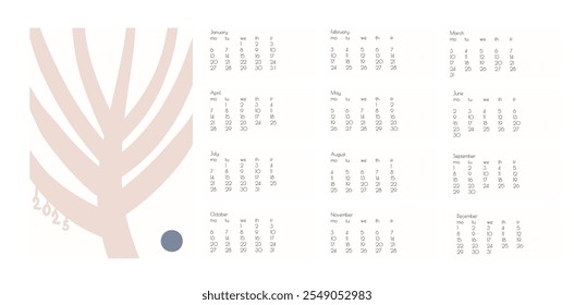 2025 Calendário Vetorial de Doodles de Flor Botânica. Planejador de Ano Verde Marrom com Impressão Abstrata Margarida Art Deco Positiva Imprime Moderno Desenho Animado Flores e Folhas Agenda. Planner de parede de verão abstrato.