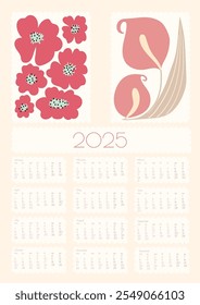 2025 Botanical Flower Doodles Vector Calendar.Year Planner con impresión Abstractas Planificador de pared de verano Abstractas. Positivo Daisy Art Deco imprime flores de dibujos animados modernos y hojas de agenda.