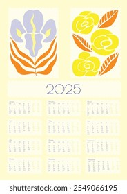 2025 Botanical Flower Doodles Vector Calendar.Year Planner con impresión Abstractas Planificador de pared de verano Abstractas. Positivo Daisy Art Deco imprime flores de dibujos animados modernos y hojas de agenda.