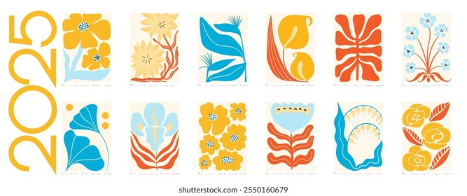 2025 Vector de Doodles de flores botánicas. Abstractas planificador de pared de verano. Flores de dibujos animados modernos y agenda de hojas. Azul, Amarillo Rojo Positivo Margarita Impresiones Art Deco. Diseño floral primitivo del verano