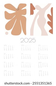 2025 Calendário Vetorial de Doodles de Flor Botânica. Planejador de Ano Verde Marrom com Impressão Abstrata Planejador de Parede de Verão Abstrato. Positivo Daisy Art Deco Imprime Moderno Desenho Animado Flores e folhas Agenda.