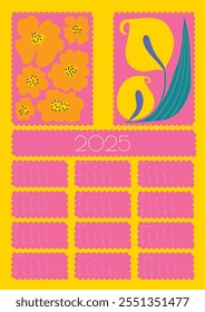 2025 Vector de Doodles de flores botánicas. Flores de dibujos animados modernos y agenda de hojas. Positivo Daisy Art Deco Impresiones. Diseño Floral Primitivo de Verano Rojo, Verde Azul Abstractas Planificador de Pared de Verano.