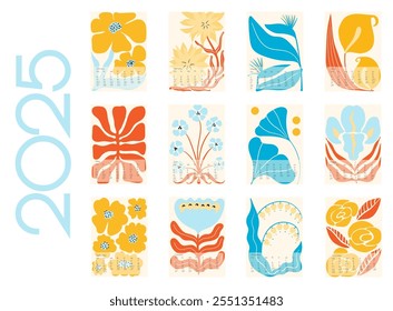 2025 Calendário Vetorial de Doodles de Flor Botânica. Azul, Amarelo Vermelho Moderno Desenho Animado Flores e Folhas Agenda. Cópia arquivada em 15 de julho de 2013 "Positive Daisy Art Deco Prints" . Projeto floral primitivo de verão Abstract Summer Wall Planner.