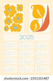 2025 Calendário Vetorial de Doodles de Flor Botânica. Azul, Amarelo Vermelho Positivo Daisy Art Deco Impressões. Projeto floral primitivo de verão Abstract Summer Wall Planner. Desenho animado moderno Flores e folhas agenda.