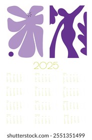 2025 Calendário Vetorial de Doodles de Flor Botânica. Violeta Roxo Positivo Daisy Art Deco Imprime Planejador de Ano com Impressão Abstrata Moderna Desenho Animado Flores e Folhas Agenda. Planner de parede de verão abstrato.