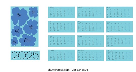 2025 Botanical Flower Doodles Vector Calendar. Positive Daisy Art Deco Prints. Summer Primitive Floral Design Abstract Summer Wall Planner. Modern Cartoon Flowers and Leaves Agenda. Blue and Indigo