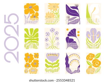 2025 Botanical Flower Doodles Vector Calendar. Positive Daisy Art Deco Prints. Summer Primitive Floral Design Blue, Green Orange Modern Cartoon Flowers and Leaves Agenda. Abstract Summer Wall Planner.