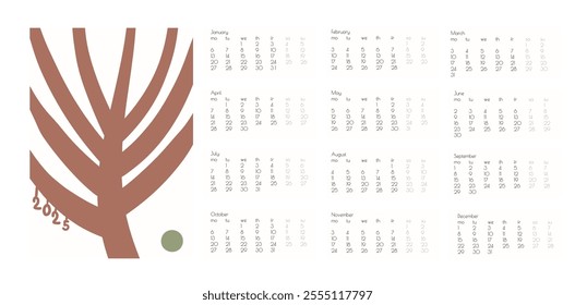 2025 Botanical Flower Doodles Vector Calendar. Brown Green Positive Daisy Art Deco Prints Year Planner with Abstract Print Abstract Summer Wall Planner. Modern Cartoon Flowers and Leaves Agenda.