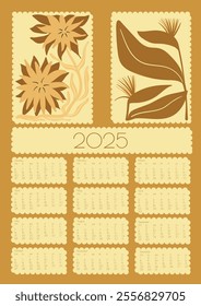 2025 Botanical Flower Doodles Vector Calendar. Abstract Summer Wall Planner. Gold Grey Modern Cartoon Flowers and Leaves Agenda. Positive Daisy Art Deco Prints. Summer Primitive Floral Design