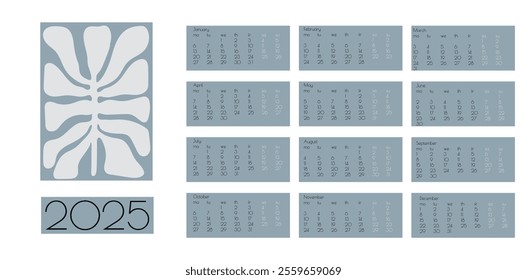 2025 Botanical Flower Doodles Vector Calendar. Positive Daisy Art Deco Prints. Summer Primitive Floral Design Modern Cartoon Flowers and Leaves Agenda. Abstract Summer Wall Planner. Blue and Indigo