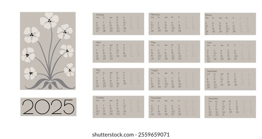 2025 Botanical Flower Doodles Vector Calendar. Positive Daisy Art Deco Prints. Summer Primitive Floral Design Grey and Brown Modern Cartoon Flowers and Leaves Agenda. Abstract Summer Wall Planner.