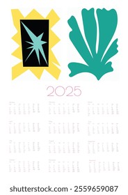 2025 Botanical Flower Doodles Vector Calendar. Bright Multicolor Modern Cartoon Flowers and Leaves Agenda. Abstract Summer Wall Planner. Positive Daisy Art Deco Prints Year Planner with Abstract Print