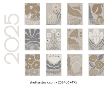 2025 Botanical Flower Doodles Vector Calendar. Positive Daisy Art Deco Prints. Summer Primitive Floral Design Modern Cartoon Flowers and Leaves Agenda. Abstract Summer Wall Planner. Grey and Brown