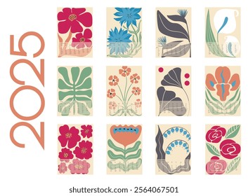 2025 Botanical Flower Doodles Vector Calendar. Modern Cartoon Flowers and Leaves Agenda. Abstract Summer Wall Planner. Positive Daisy Art Deco Prints. Summer Primitive Floral Design Red, Green Blue